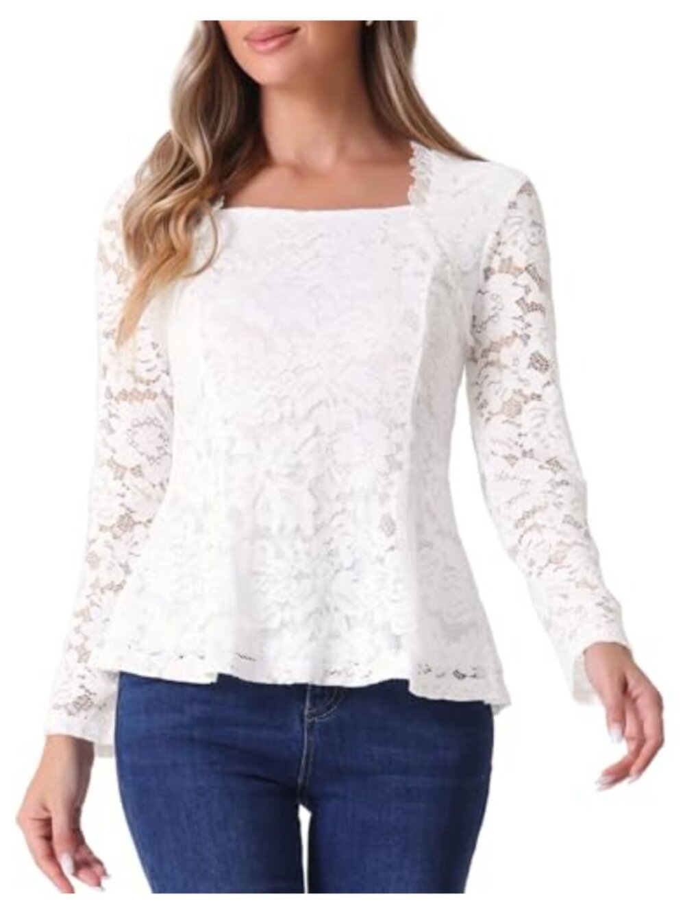 Lace Peplum Blouse Square Neck Long Sleeve Ruffle Top